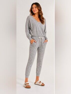 Vuori Lux V-Neck Jumpsuit Long Sleeve, Heather Gray - Drawstring + Side Pockets